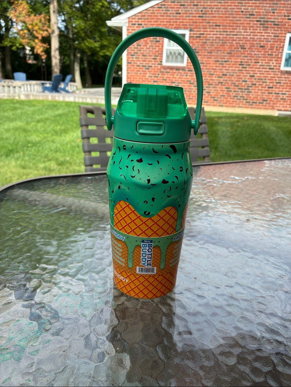 Frostbuddy Green & Orange Ice Cream Cone Water Bottle - Portable Handle 16oz